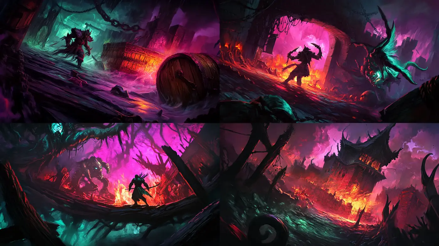 Ethereal Twilight Infernos: A Tapestry of Vivid Nightmare Fantascapes - Midjourney sref style