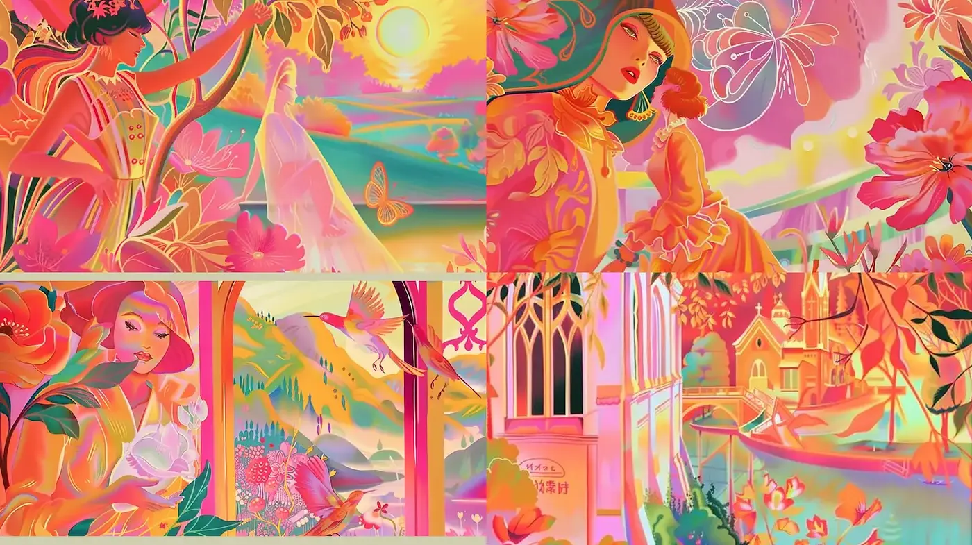 Vibrant and Dreamlike Aesthetic with Floral Motifs - Midjourney sref style