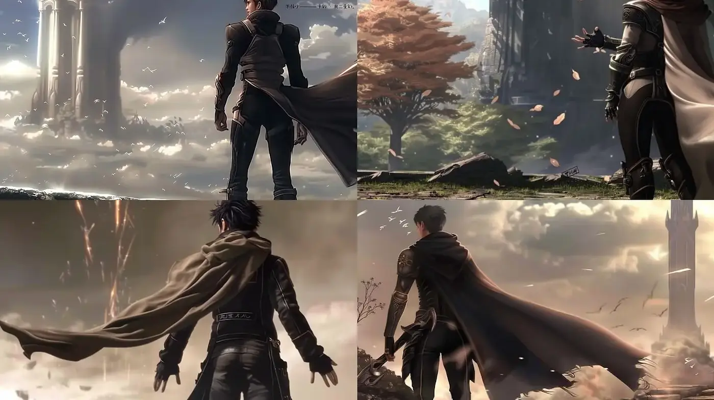 Epic Fantasy Landscape with Dramatic Character Poses - Midjourney sref style