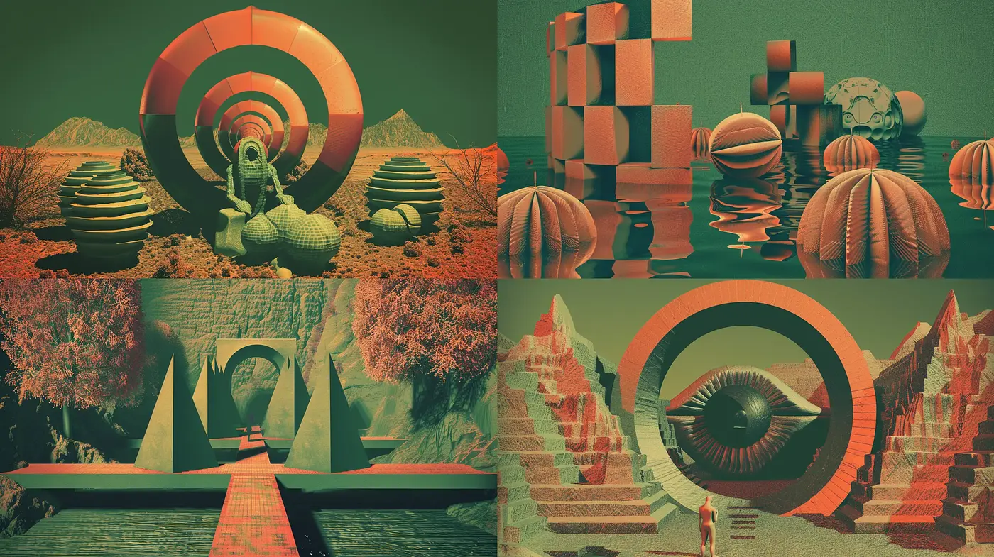 Surreal Geometric Visions in Emerald and Rust - Midjourney sref style