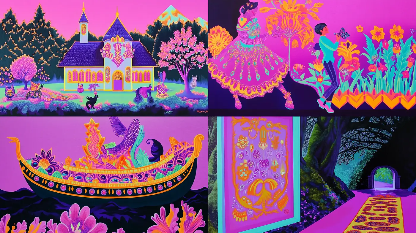 Psychedelic Whimsy in Florescent Dreamscapes - Midjourney sref style
