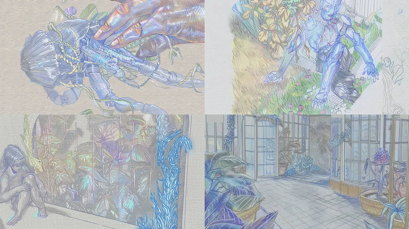 Sketch-like Ethereal Imprints: A Fusion of Fantastical Elements and Subdued Hues - Midjourney sref style