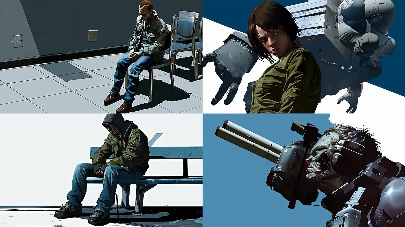 Stylized, high-contrast illustrations with a cinematic edge - Midjourney sref style