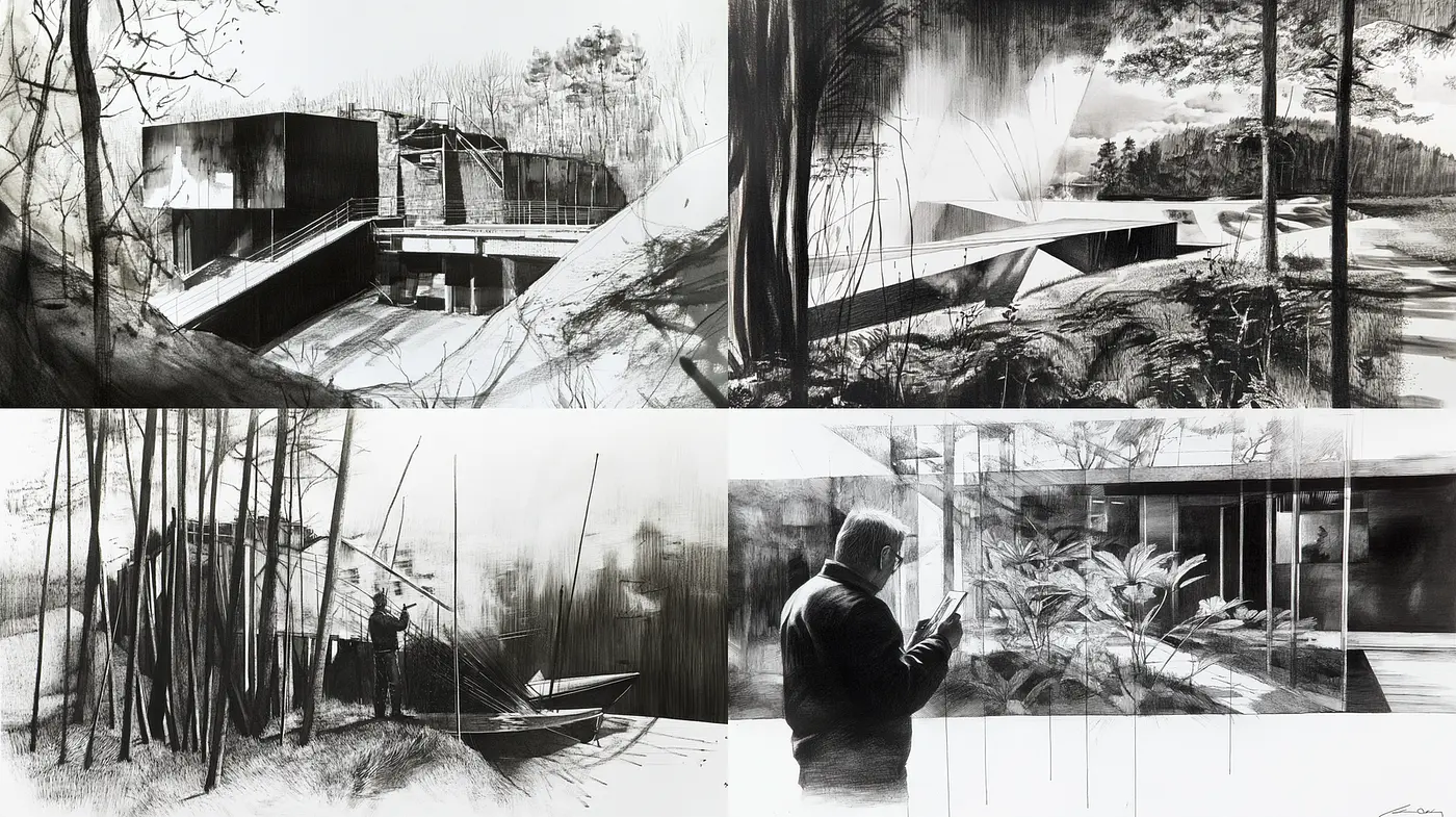 Monochromatic Architectural Landscapes with a Contemporary Touch - Midjourney sref style