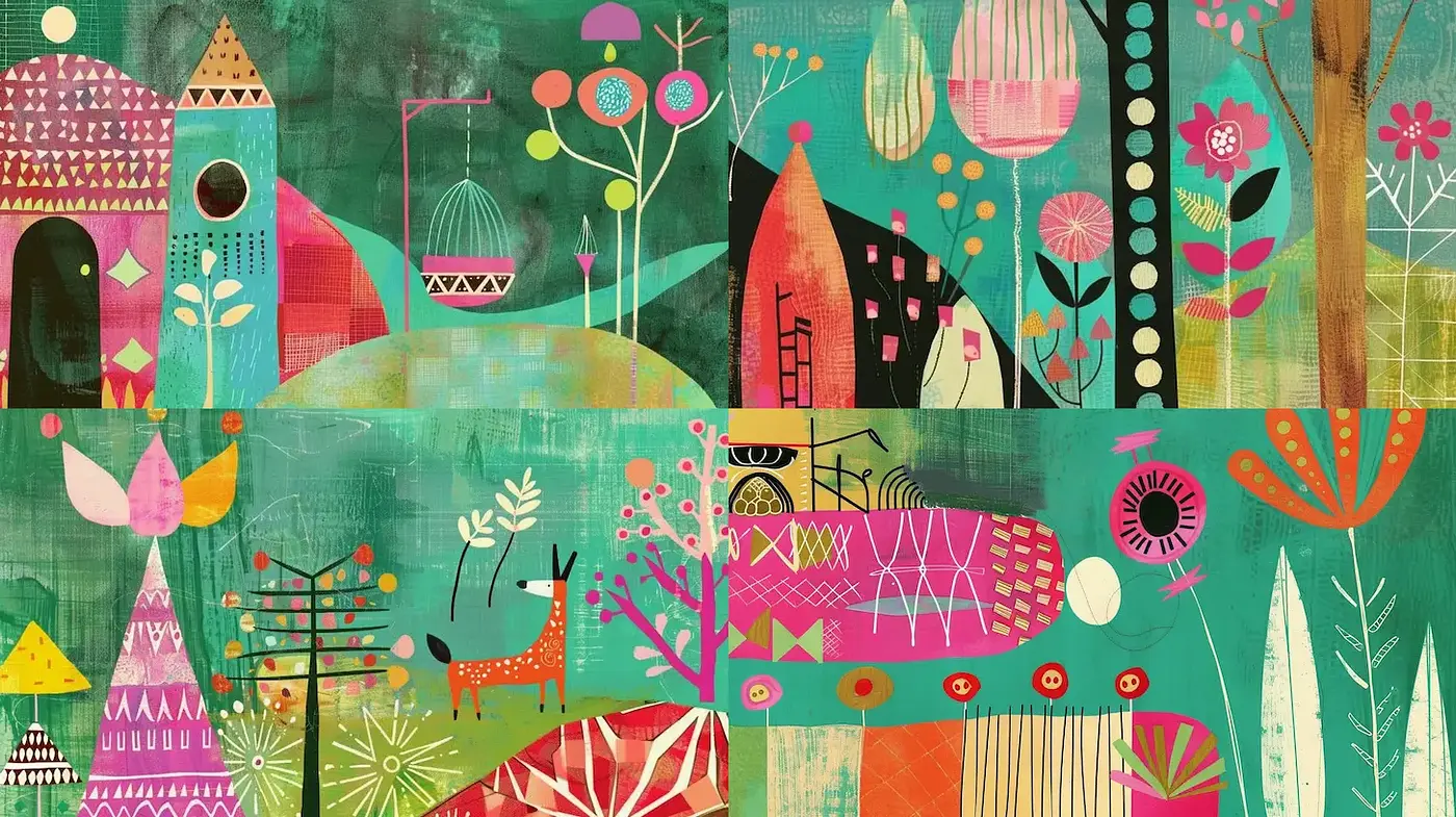 Whimsical and Vibrant Mid-Century Inspired Art with Playful Elements - Midjourney sref style