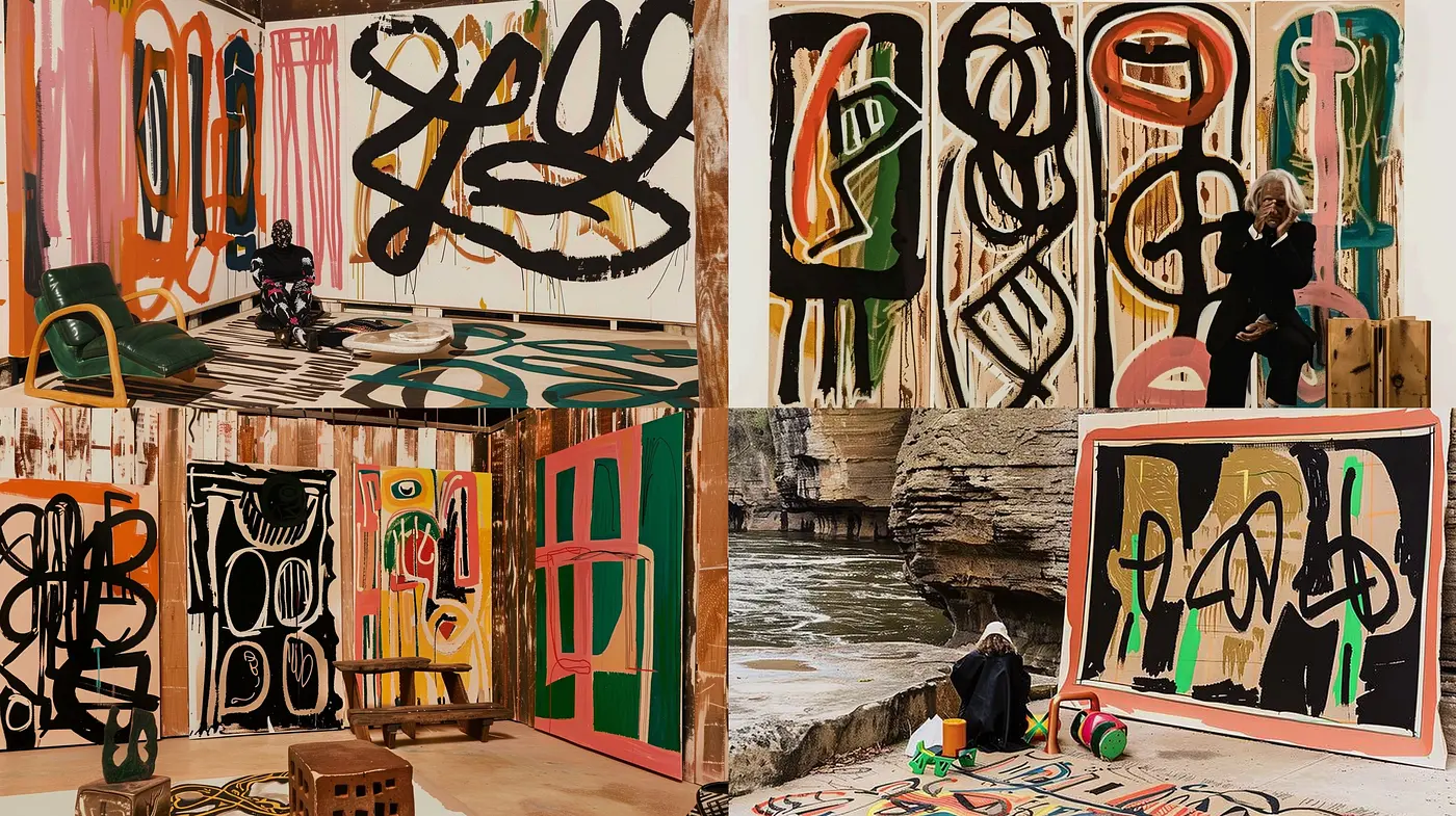 Eccentric Fusion of Abstract Expressionism and Contemporary Urban Art - Midjourney sref style