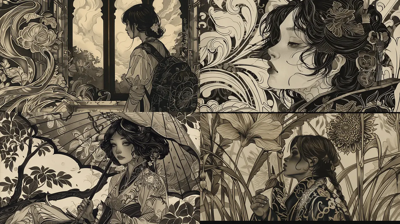 Monochrome Elegance: A Nostalgic Fusion of Art Nouveau and Japanese Woodblock Prints - Midjourney sref style