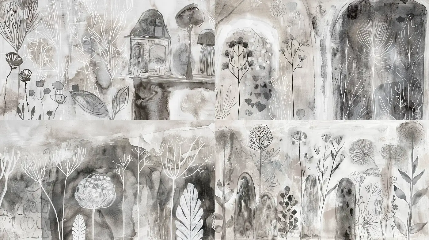 Monochrome Botanical Dreamscape: Ethereal Nature in Grey-scale Artistry - Midjourney sref style