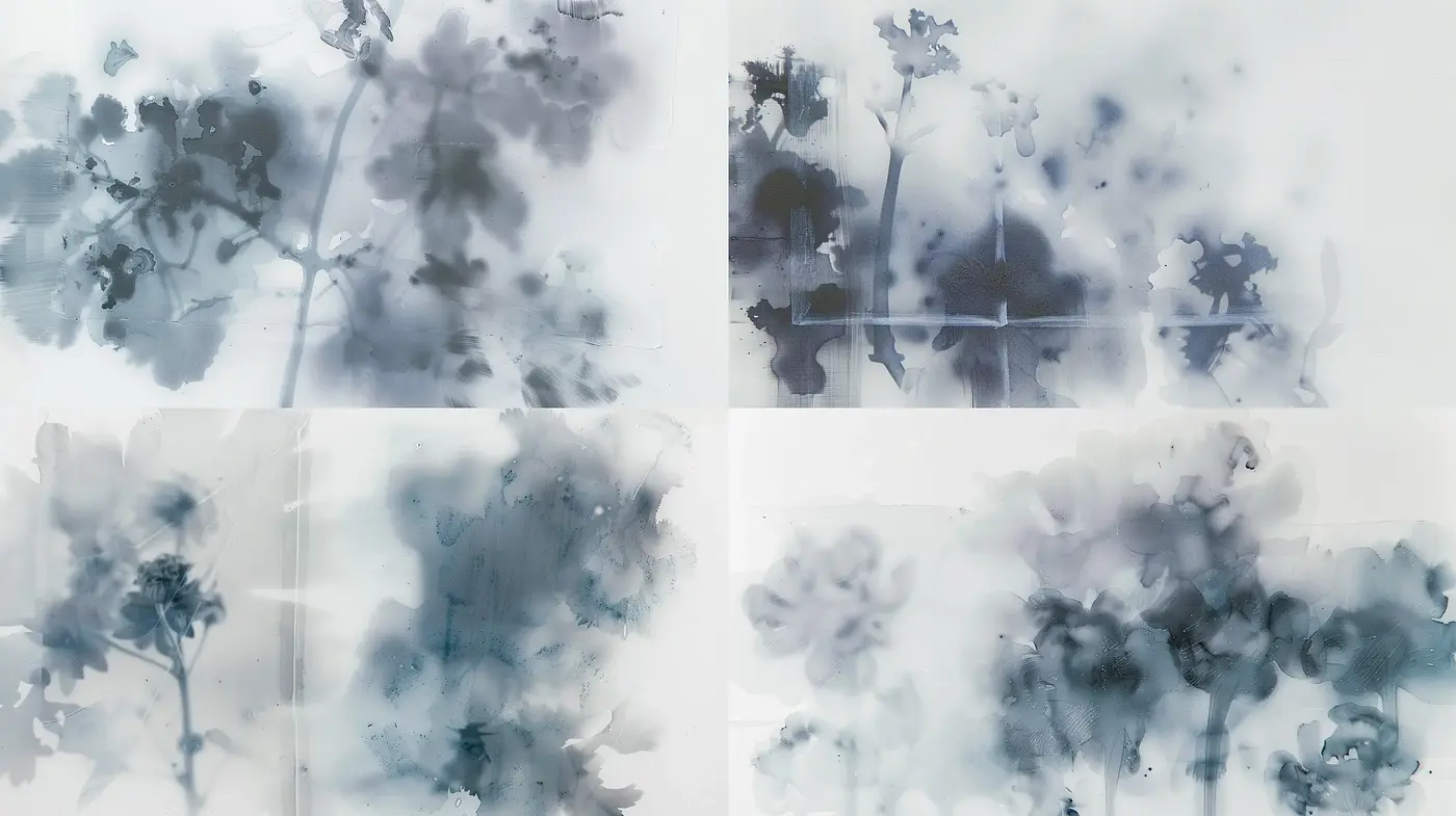 Ethereal Cyanotype Dreamscape: An Exploration of Abstract Photographic Impressions - Midjourney sref style