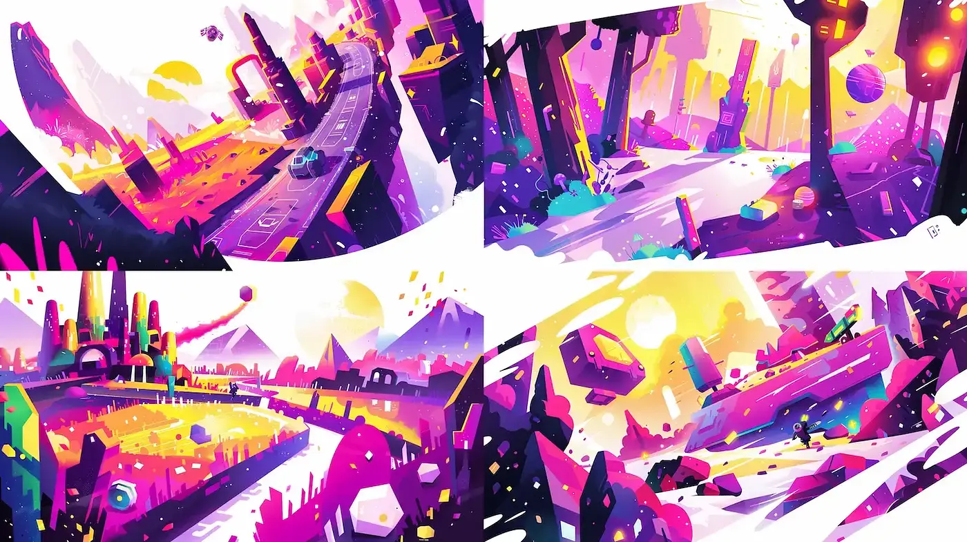 Vibrant and Futuristic Landscape with Geometric Elements - Midjourney sref style