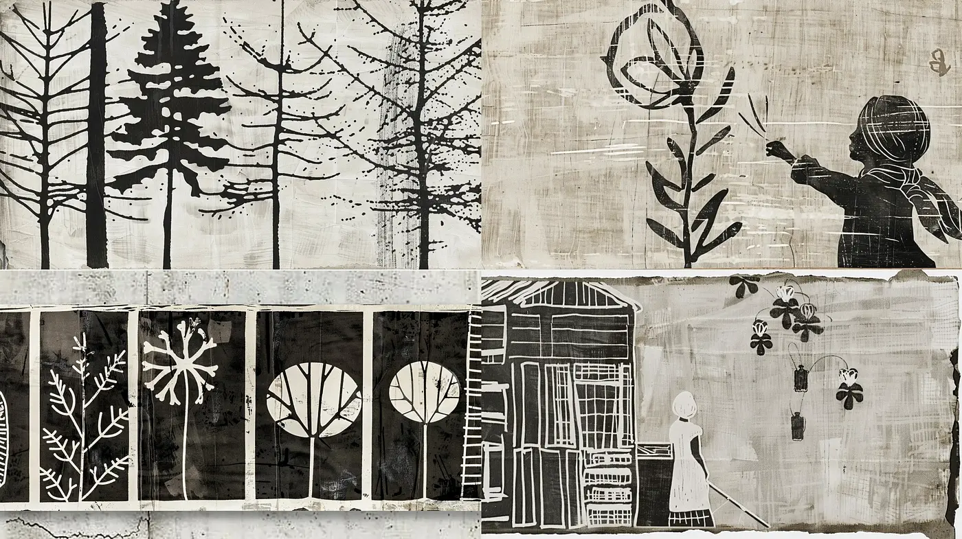Monochromatic Storybook Collage Aesthetic - Midjourney sref style
