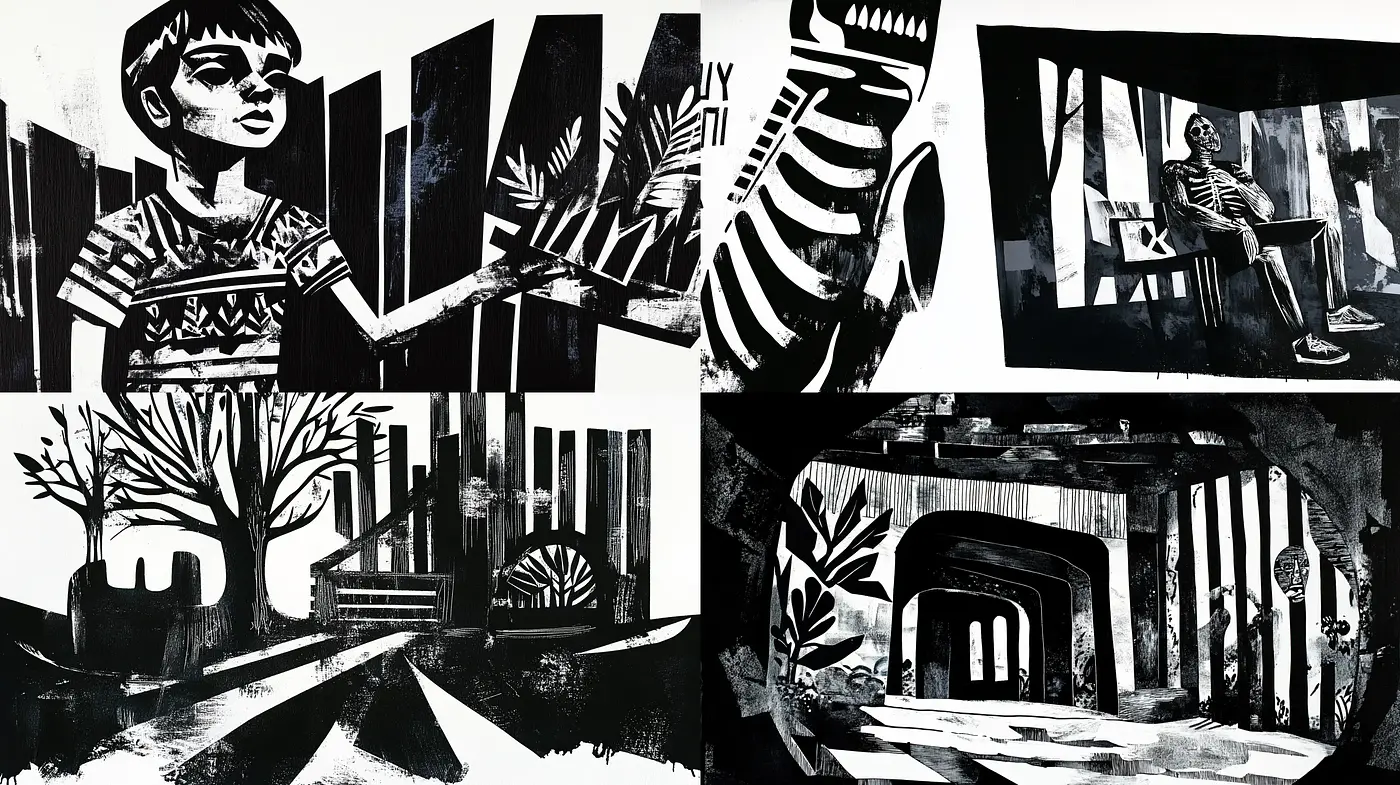 Contrast-Driven Monochromatic Expressionism - Midjourney sref style
