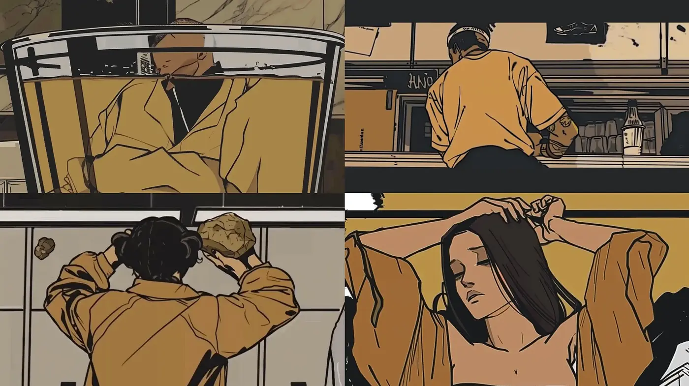 Contemplative Shadows and Contrast: A Journey in Monochrome and Amber Hues - Midjourney sref style