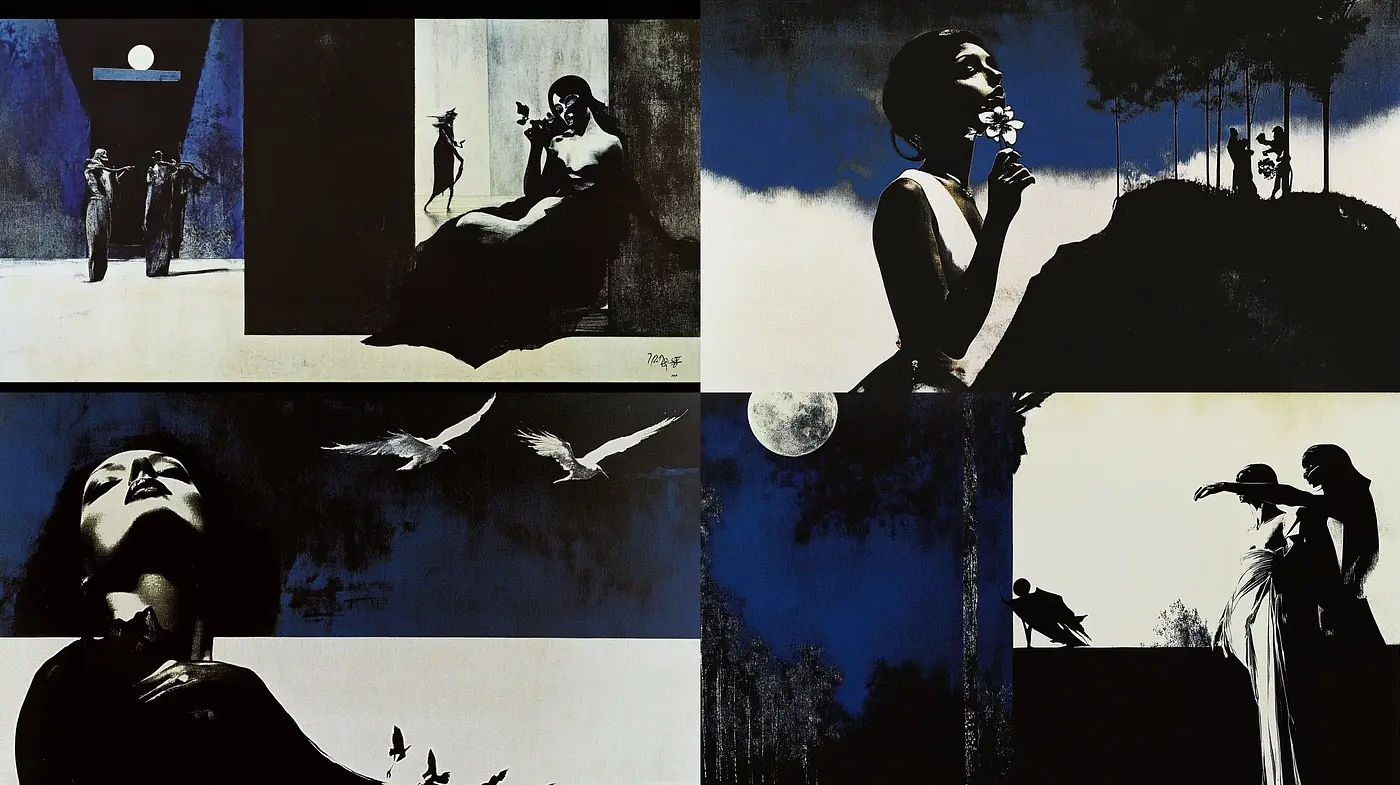 Monochromatic Nocturne: A Study in Shadows and Silhouettes - Midjourney sref style