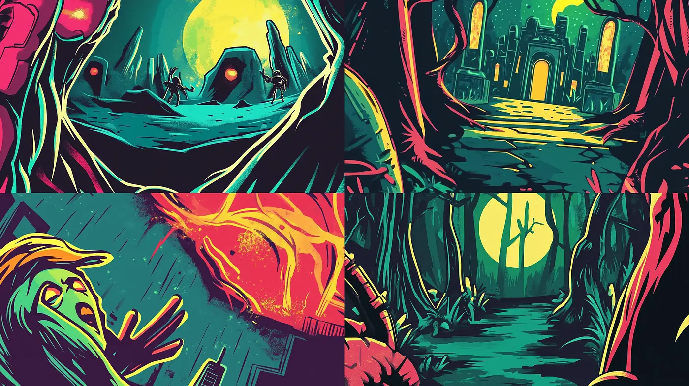 Surrealist Dreamscape in Vivid Contrast: A Homage to Expressive Color Narratives - Midjourney sref style