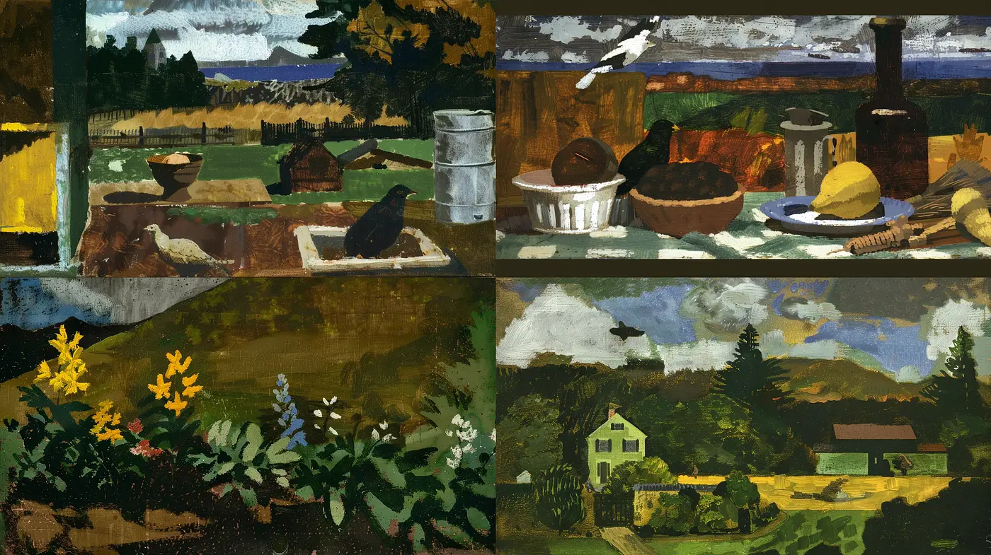 Rustic Textured Harmony: An Homage to Early American Landscapes - Midjourney sref style