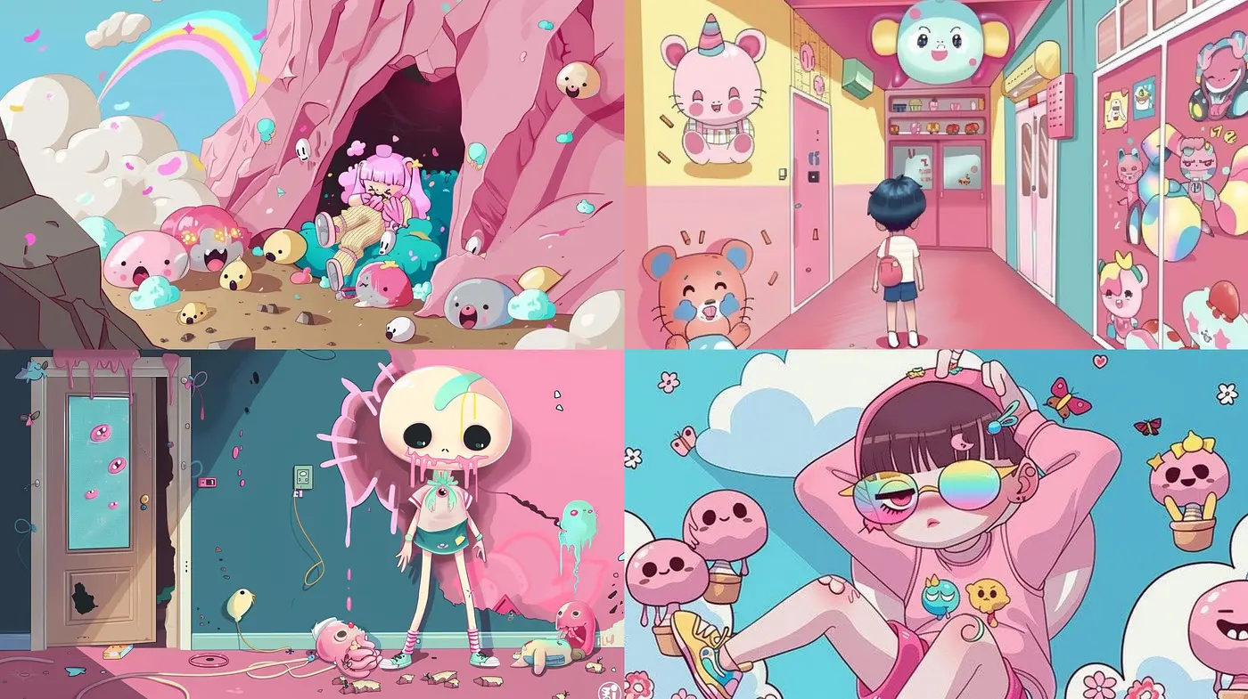 Cotton Candy Dreamscape: A Fusion of Surrealism and Kawaii Aesthetics - Midjourney sref style