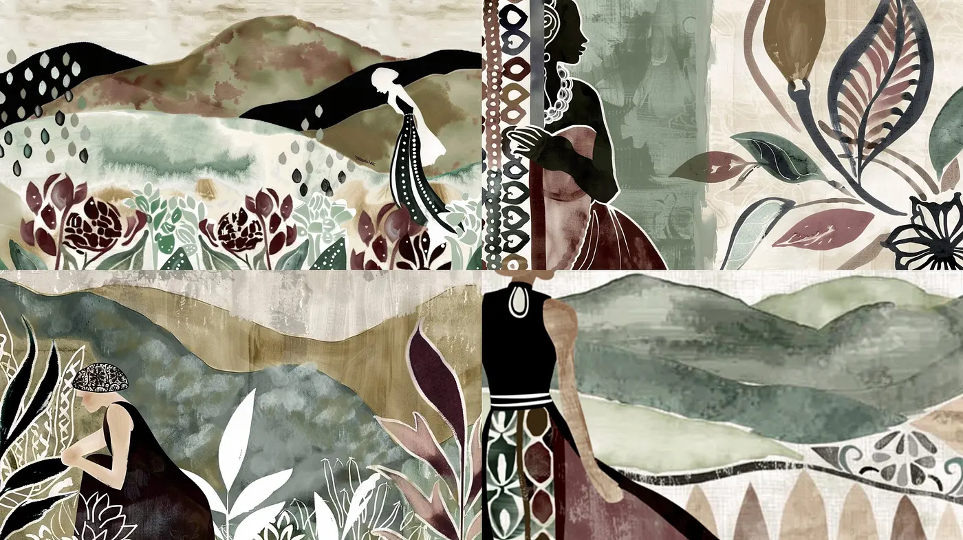 Ethereal Earth Tones: A Fusion of Nature and Art Nouveau in Textural Collage - Midjourney sref style