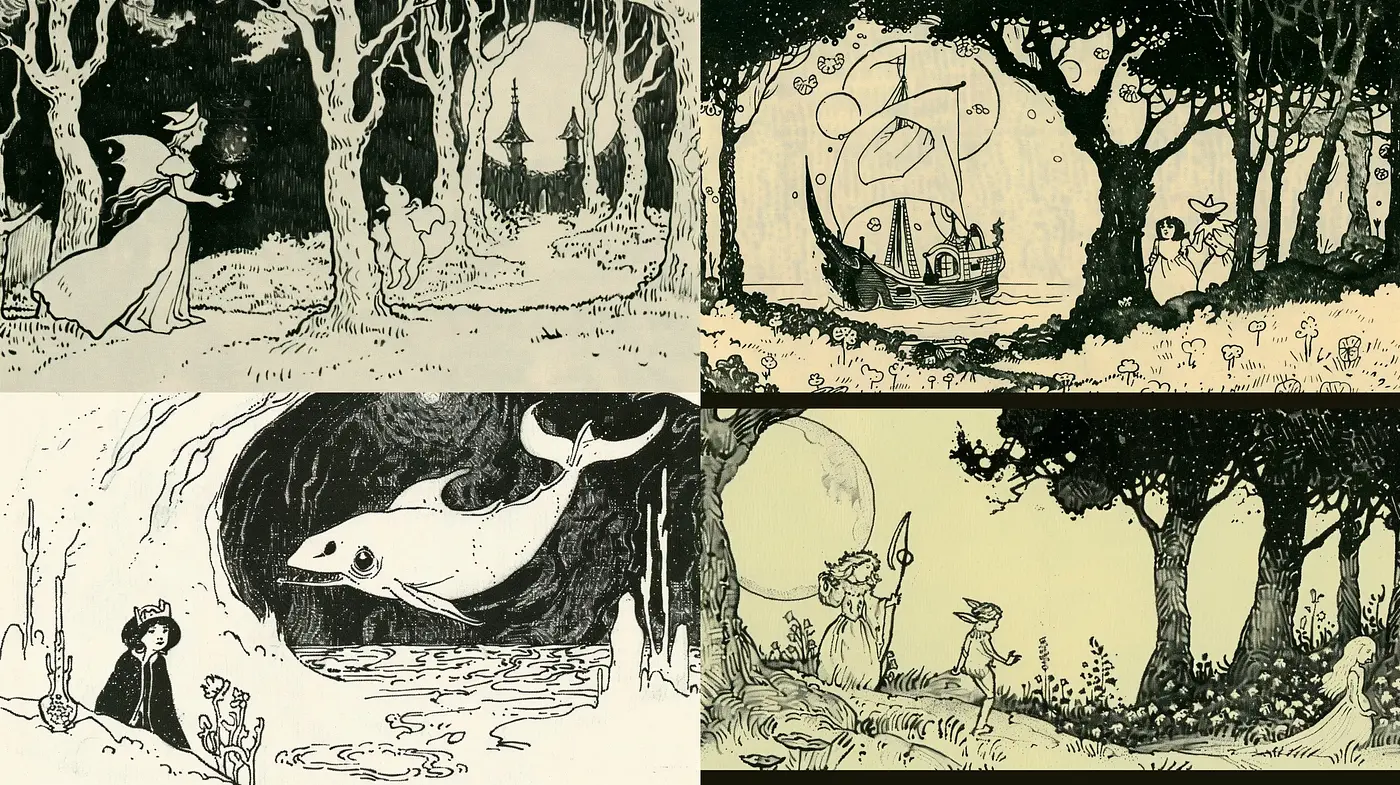 Whimsical Storybook Illustrations with Monochromatic Enchantment - Midjourney sref style