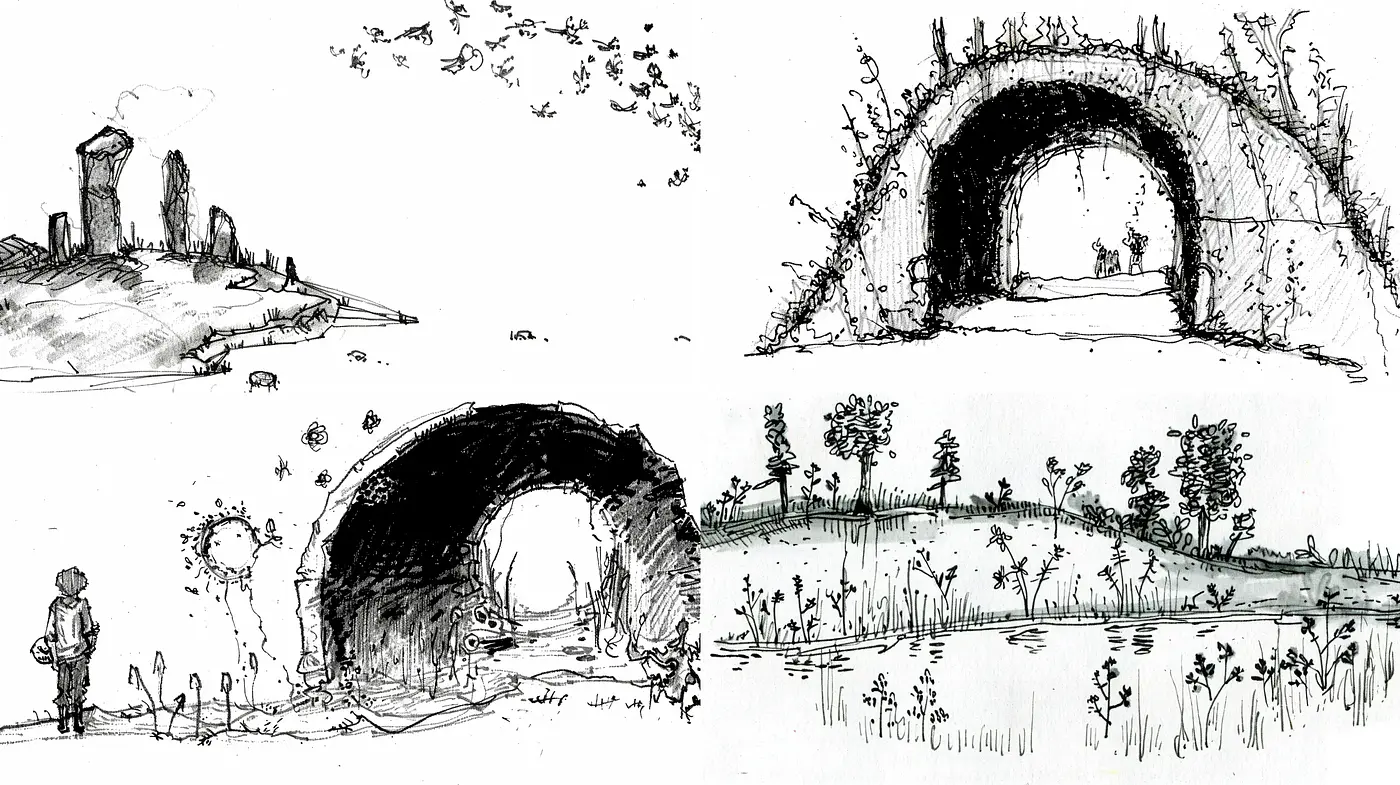 Monochrome Sketchbook Bridges: A Consistent Ink Drawing Aesthetic - Midjourney sref style