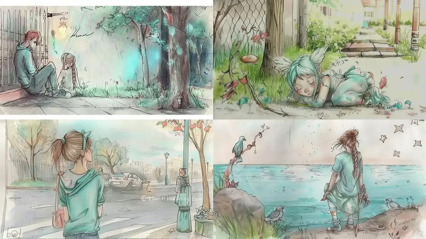 Whimsical Watercolor Storybook Illustrations - Midjourney sref style