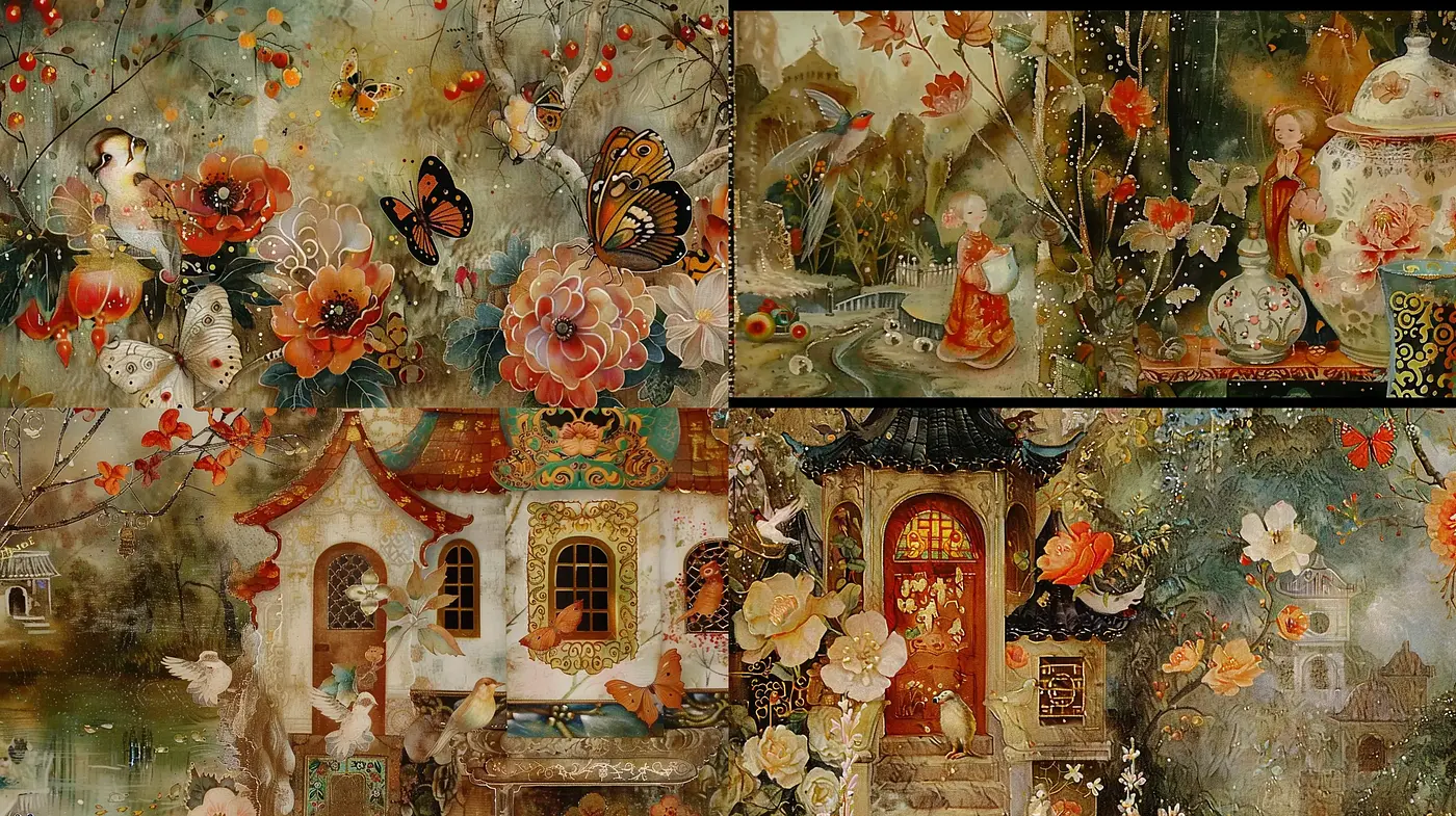Enchanted Whimsy: A Fusion of Mythical Flourishes and Far East Aesthetics - Midjourney sref style