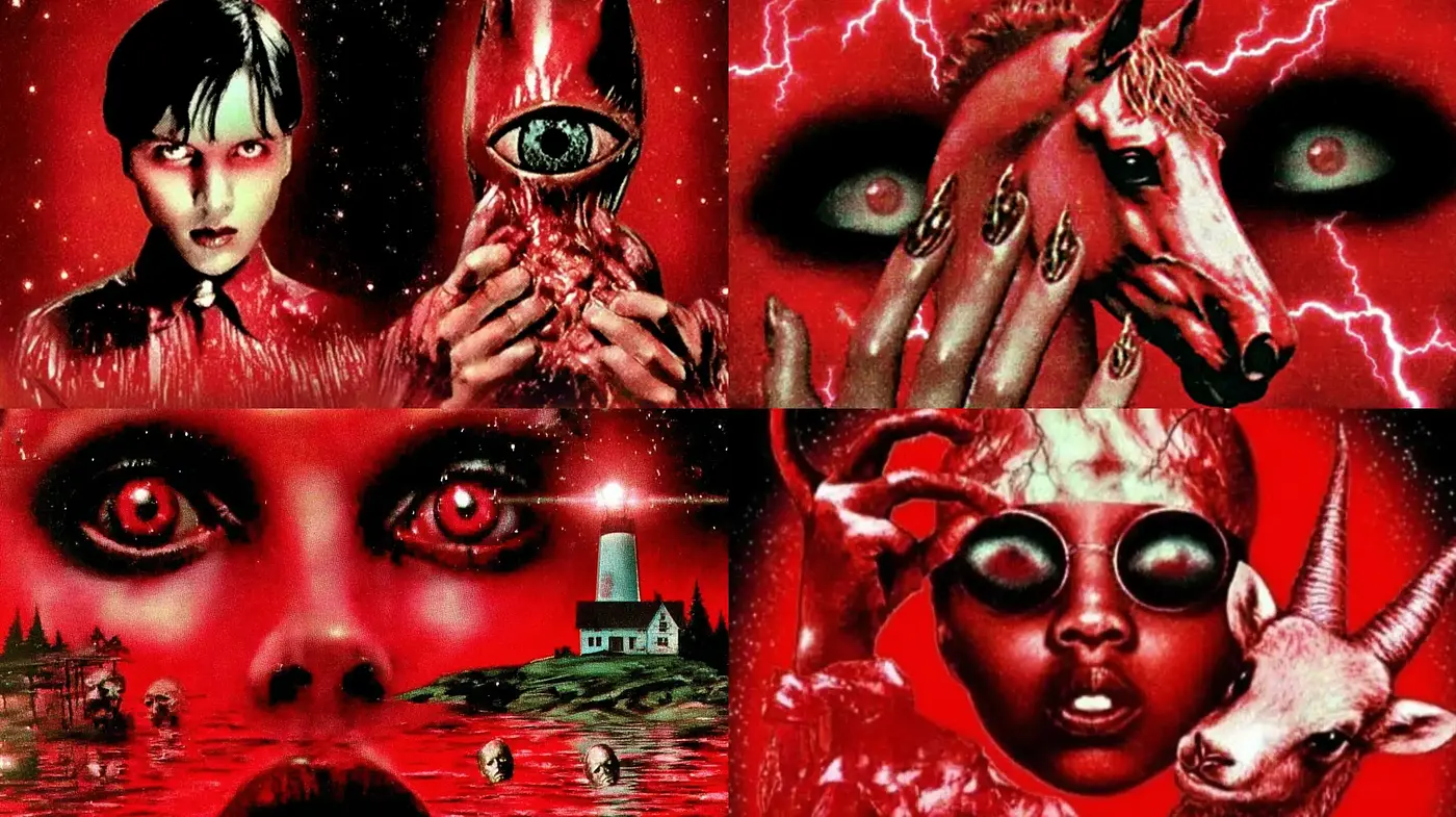 Dark, surrealistic art with vivid intensity and unsettling themes - Midjourney sref style