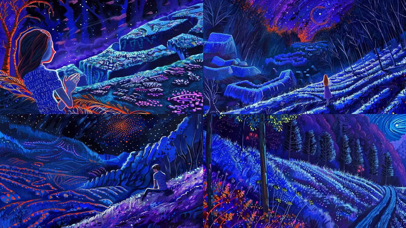 Luminous Visions in Stylized Nocturnal Landscapes - Midjourney sref style