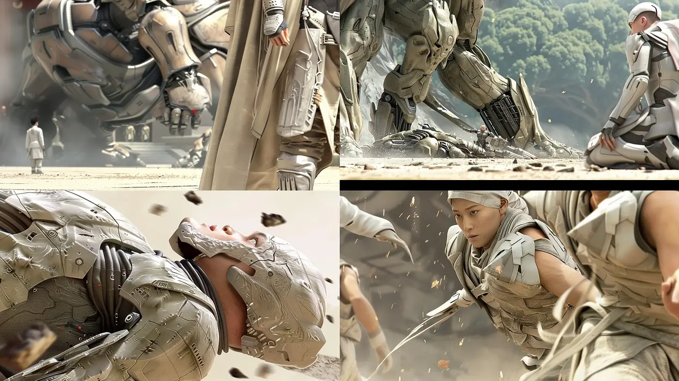 Futuristic Military Engagement in Sepia Tones - Midjourney sref style