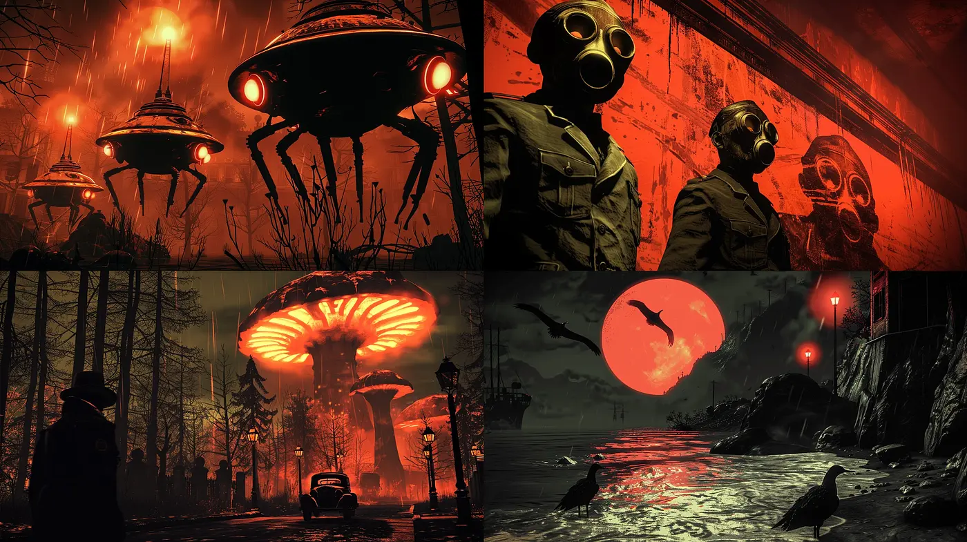 Nocturnal Hues of Crimson and Noir: A Synthesis of Surrealism and Neo-Noir Aesthetics - Midjourney sref style