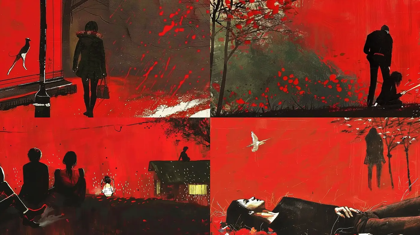 Crimson Elegy: Expressive Brushwork and Stark Contrasts - Midjourney sref style