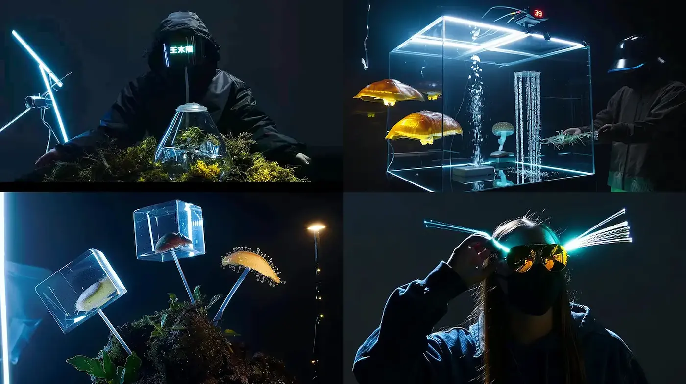 Futuristic bio-aquatic exploration with neon and naturalistic elements - Midjourney sref style