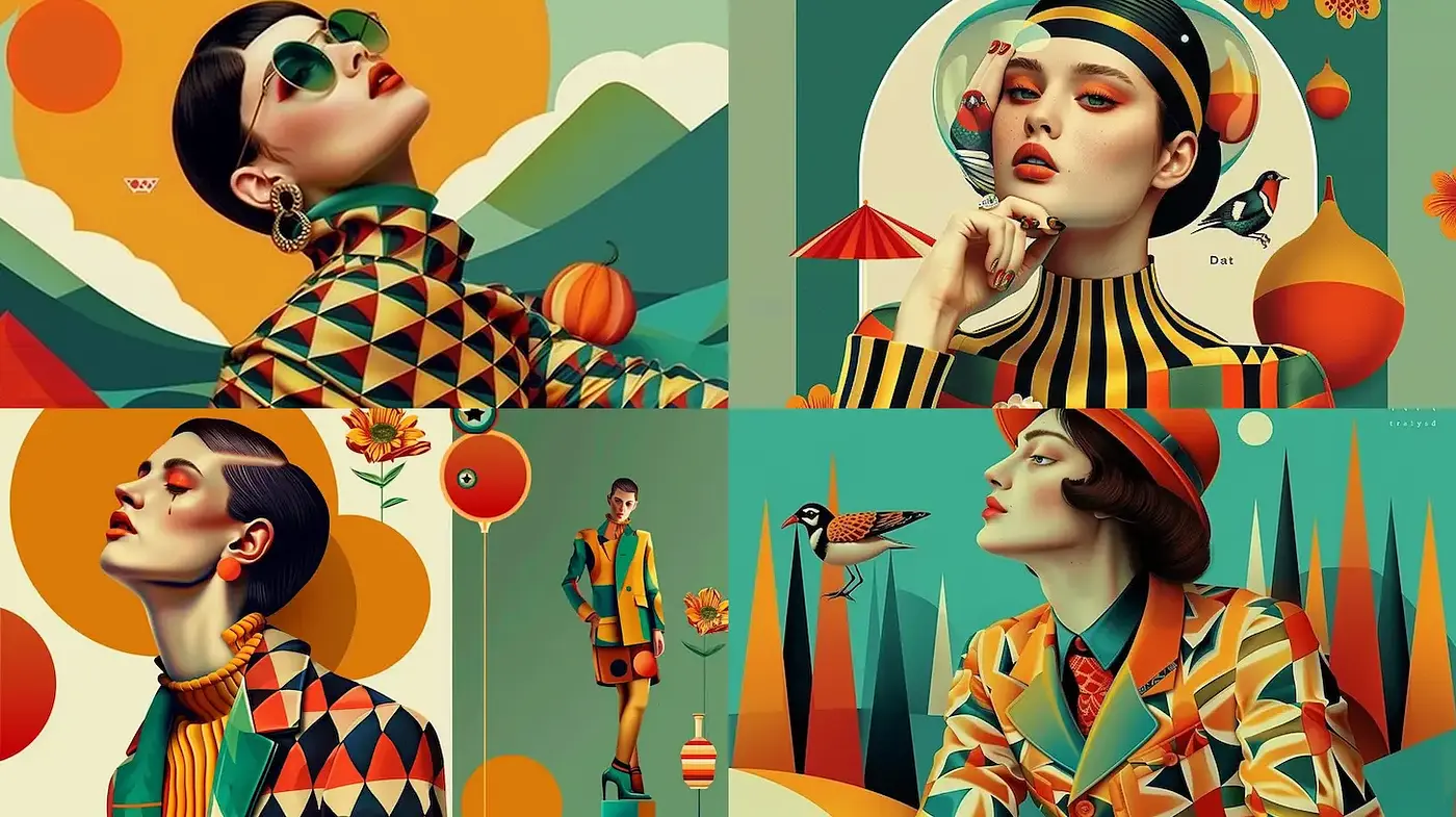 Vibrant and Geometric Illustrations with Retro Aesthetic - Midjourney sref style