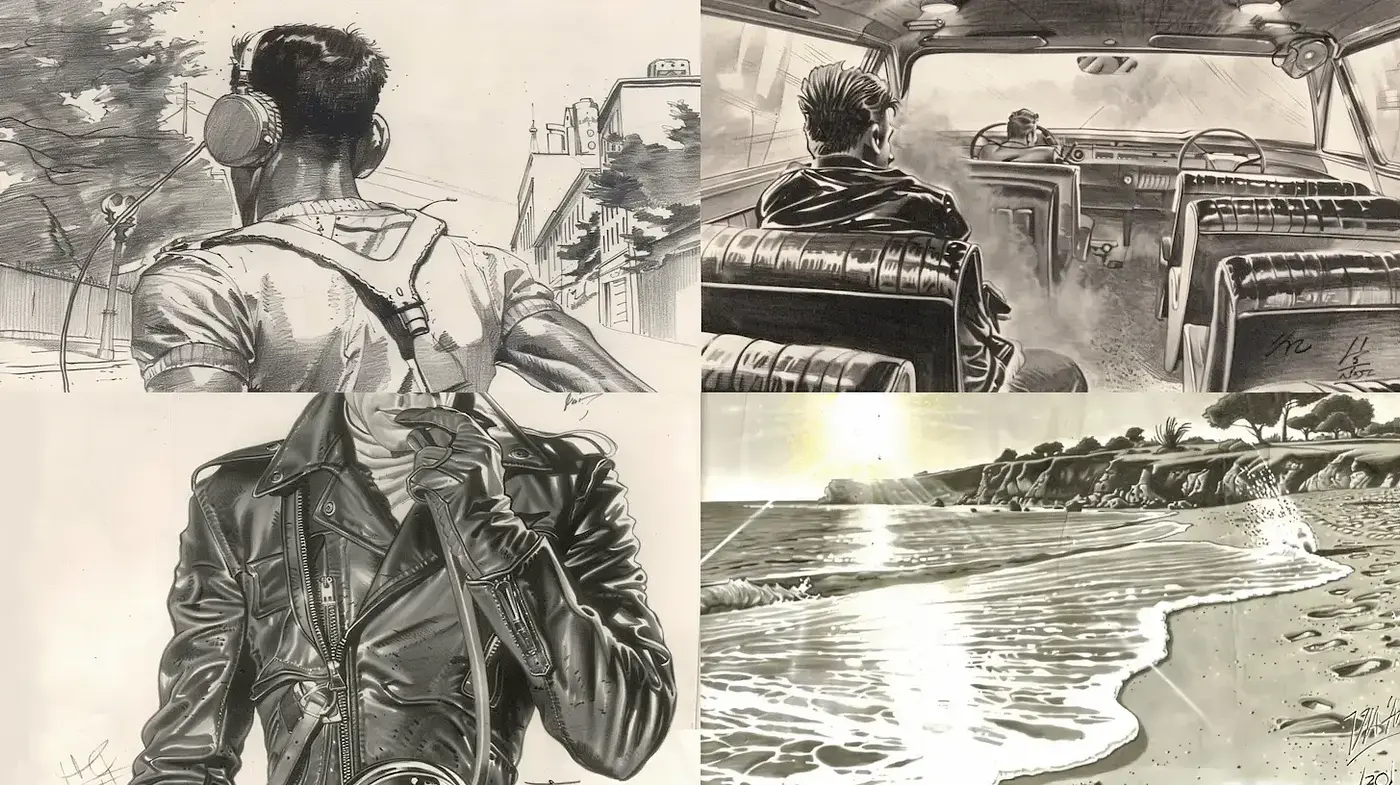 Retro Styled Illustrations Influenced by Graphic Novels and Classic Cinematic Aesthetics - Midjourney sref style