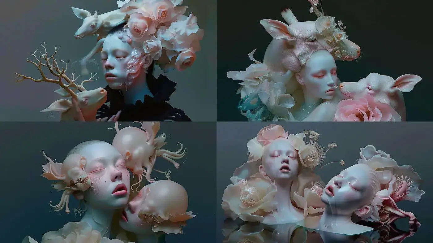 Ethereal Sculpture with Floral Elements and Animal Motifs - Midjourney sref style