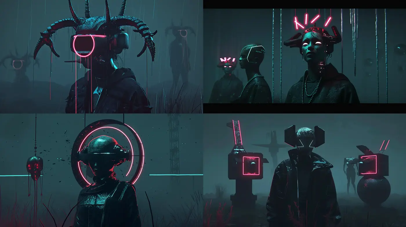 Neon Dystopia: A Cybernetic Dreamscape in Twilight Hues - Midjourney sref style