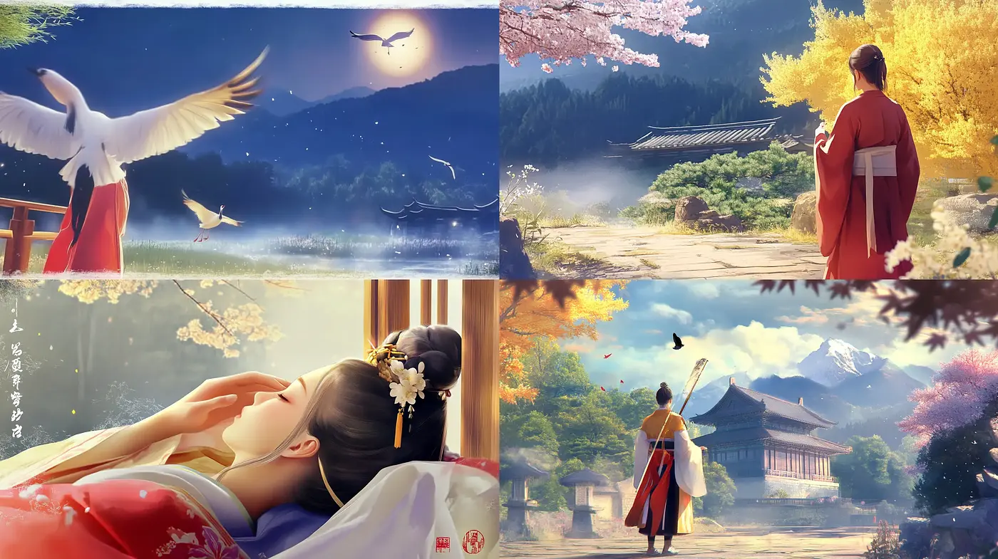 Ethereal Dawn: A Harmonious Fusion of Traditional Asian Aesthetics and Luminous Nature - Midjourney sref style