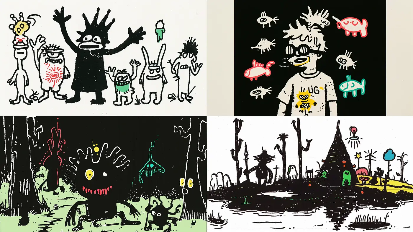Whimsical Monochrome Fantasia with Splashes of Color - Midjourney sref style