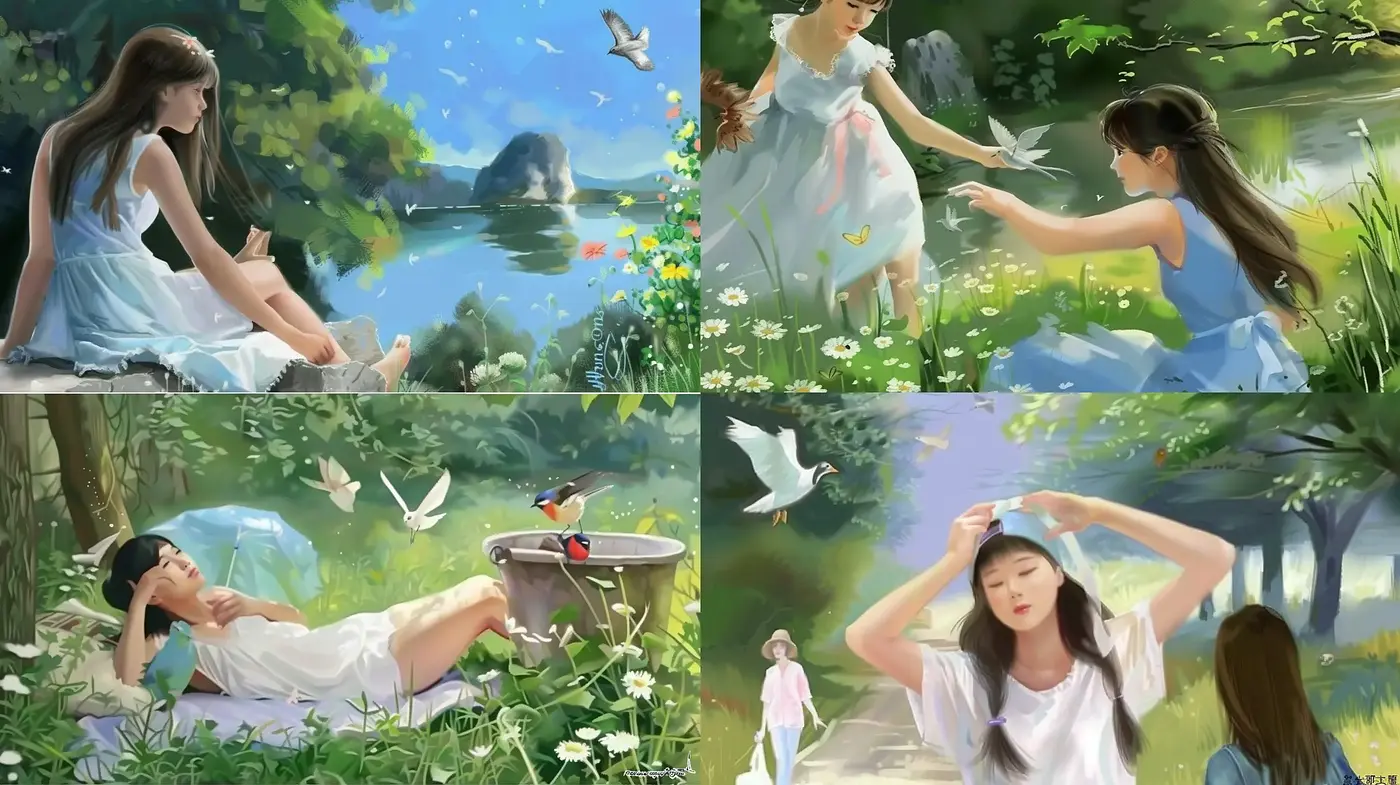 Serene Pastoral Elegance with a Touch of Anime Whimsy - Midjourney sref style