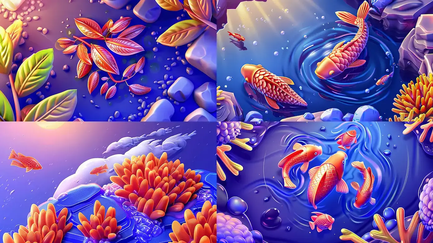 Lush and Vibrant Aquatic World with a Playful Style - Midjourney sref style