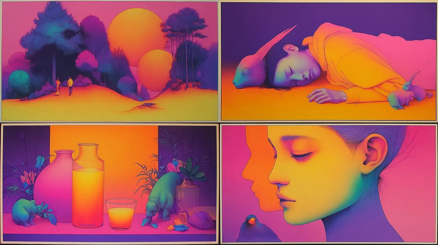 Vibrant Dreamlike Illustrations with a Surreal Quality - Midjourney sref style