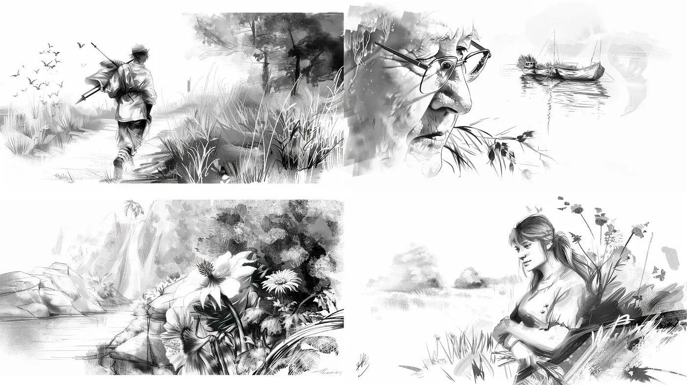 Monochromatic Brushwork Essence in Scenes of Serenity and Contemplation - Midjourney sref style