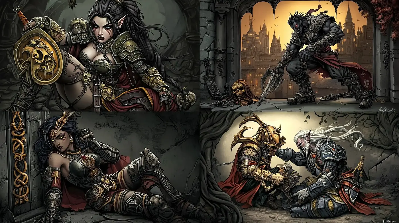 Epic Fantastical Battles Rendered in Dark Gothic Hues and Intricate Details - Midjourney sref style