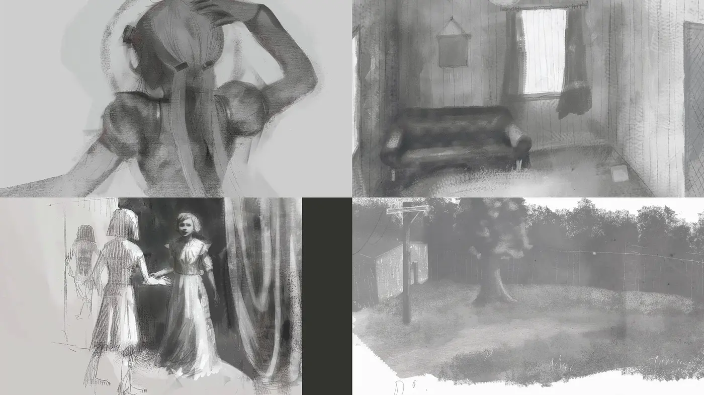 Monochromatic Sketchbook Reverie - Midjourney sref style