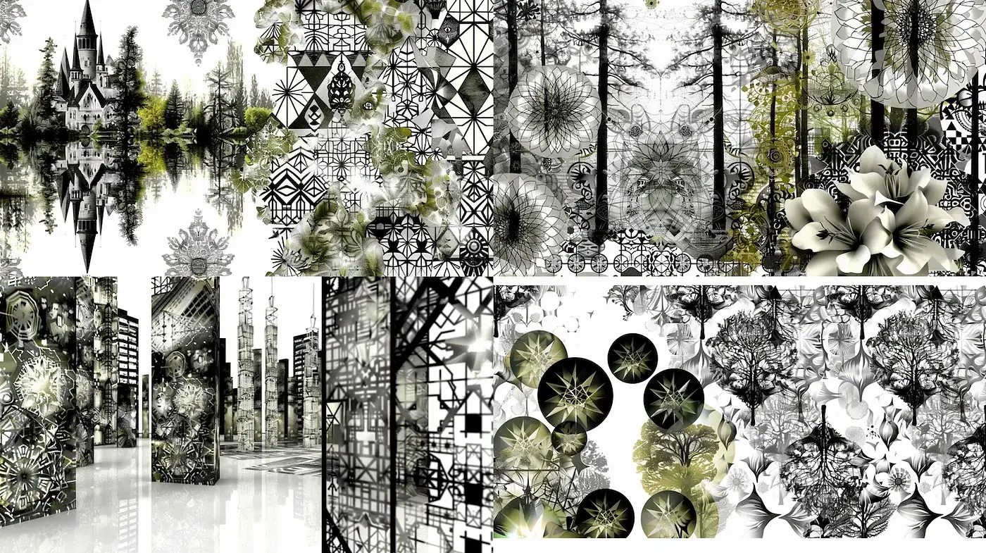 Exploration of Nature and Geometry in Monochrome with Organic Accents - Midjourney sref style