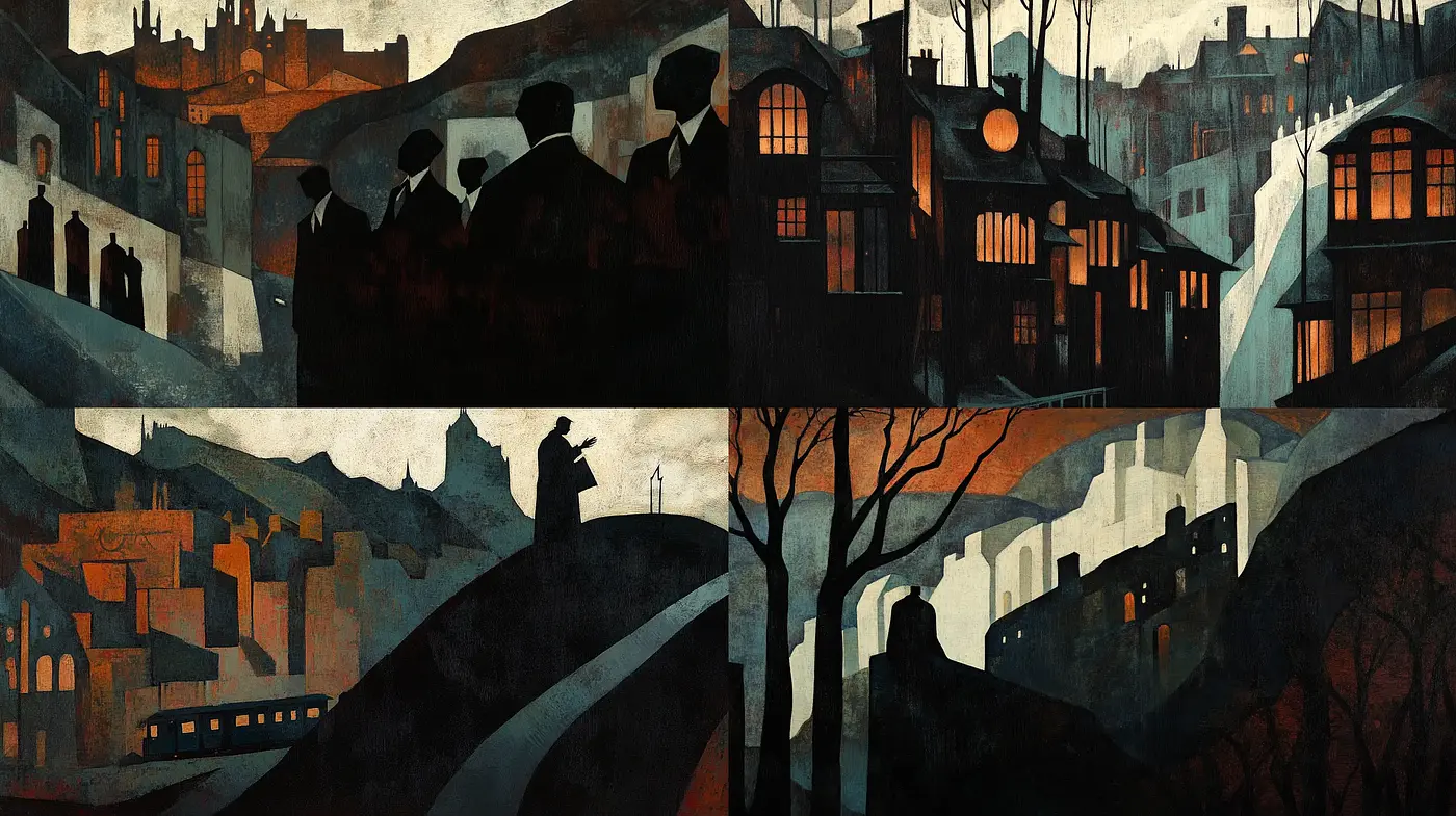 Nocturnal Townscape with Stylized Silhouettes and Contoured Shadows - Midjourney sref style