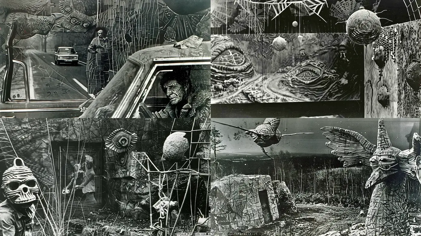 Surrealistic, textured imagery with an otherworldly atmosphere and a hint of vintage nostalgia - Midjourney sref style