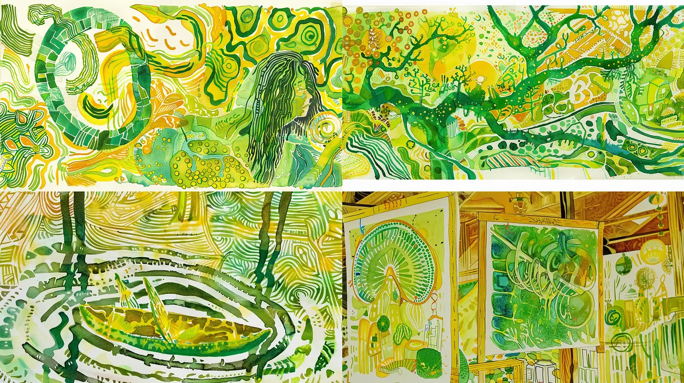 Lush Psychedelic Greenery: An Abstract Exploration of Organic Forms and Spirals - Midjourney sref style