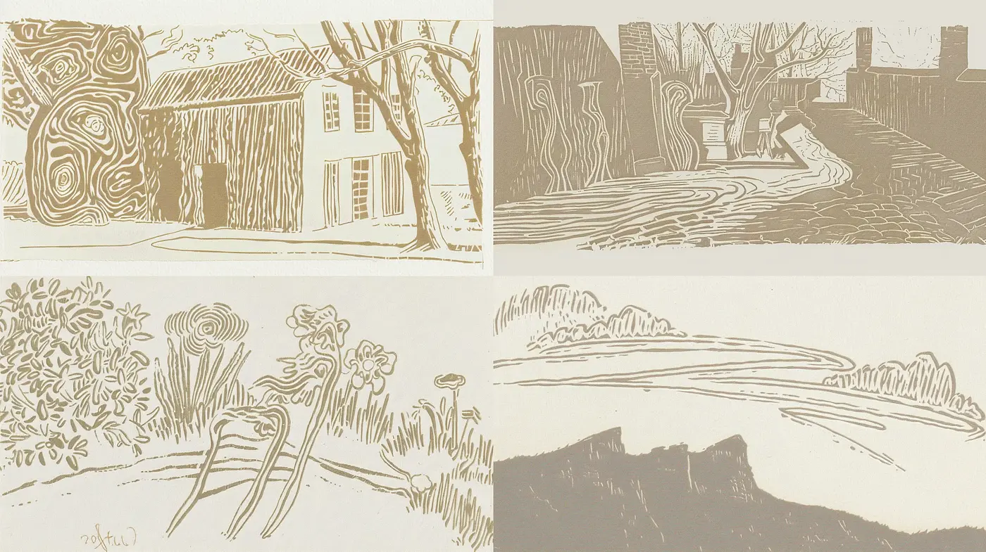 Monochromatic Whimsy: A Homage to Post-Impressionist Line Work - Midjourney sref style