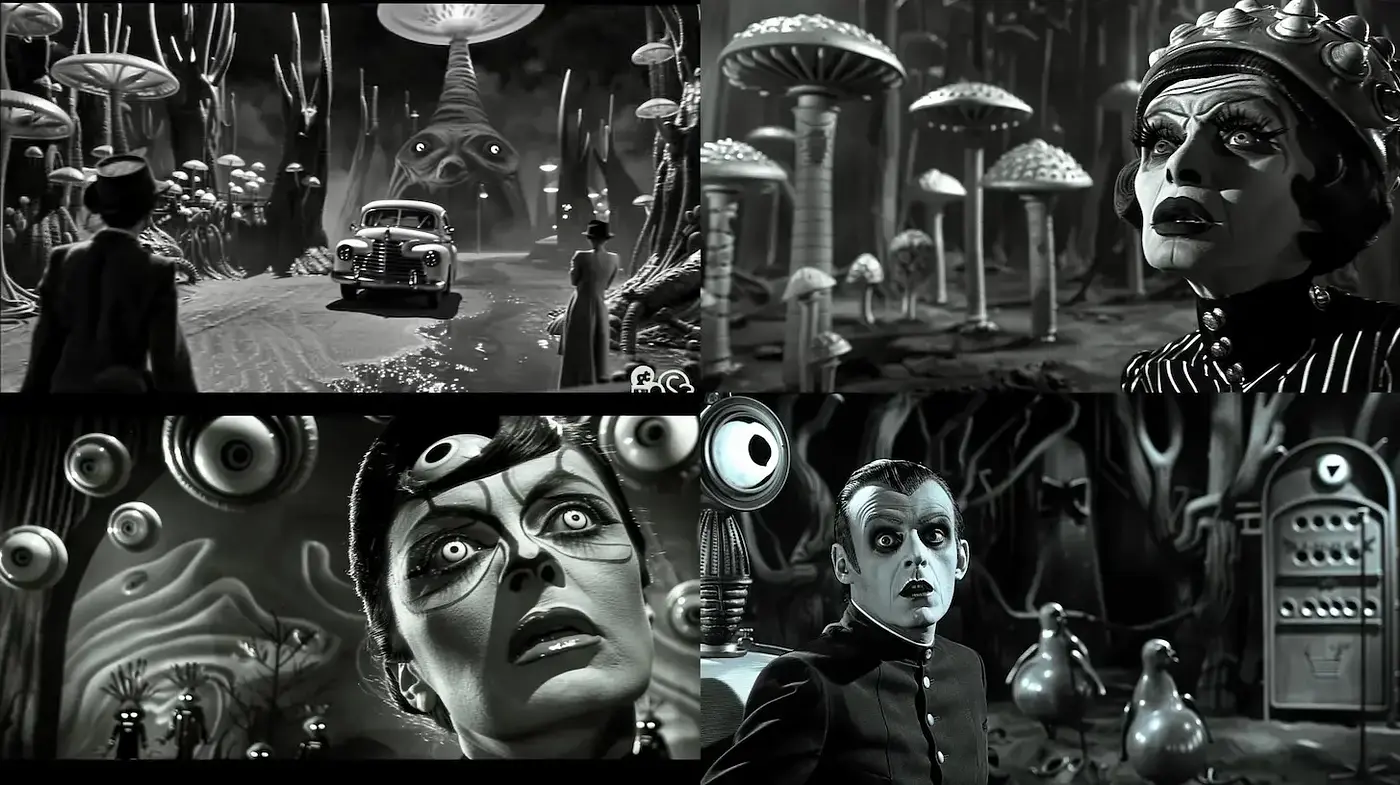 Surreal Noir Fusion: An Intersection of 1950s Film Noir Aesthetics with Surrealist Imagery - Midjourney sref style